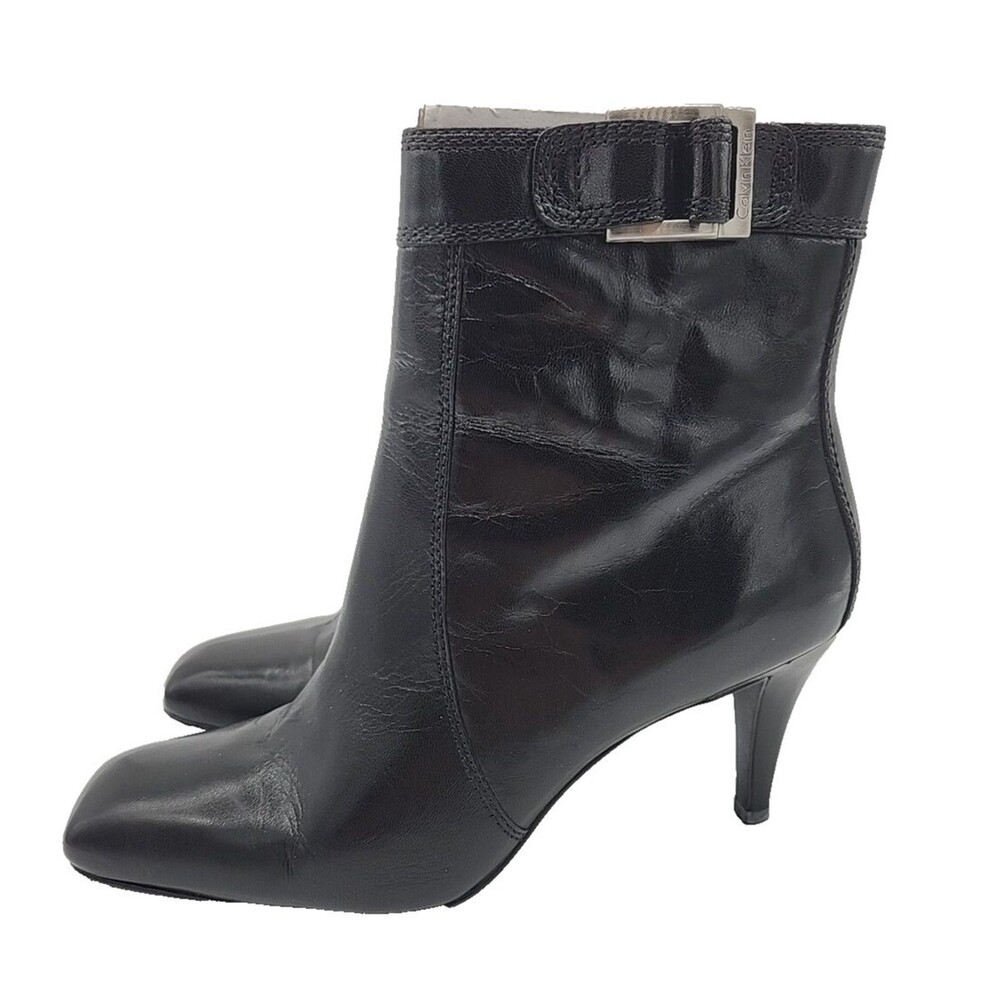Calvin Klein Womens 8M Heeled Ankle Boots Neeko Kidskin Black Leather E7101  EUC